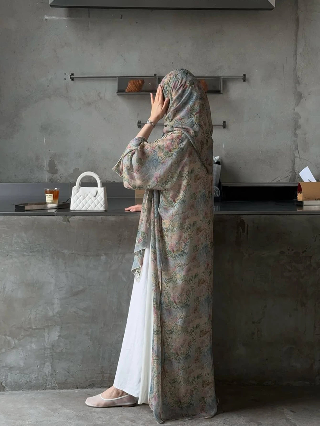 Floral Print Cardigan Abaya with Headscarf