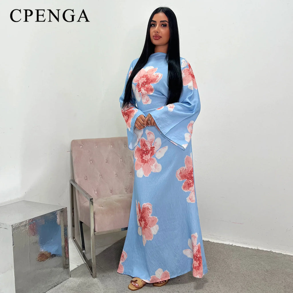 Arabesque Bell Sleeve Floral Print Maxi Abaya Dress