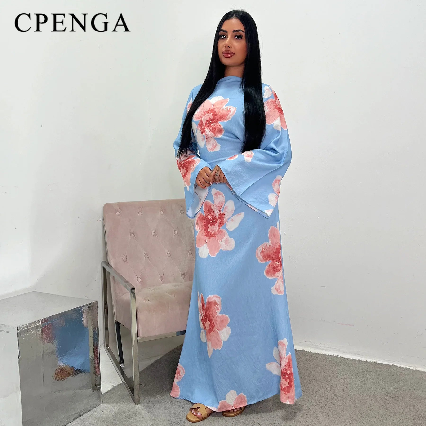 Arabesque Bell Sleeve Floral Print Maxi Abaya Dress
