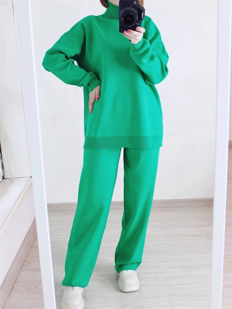 Women's Knit 2-Piece Set – High-Waist Wide-Leg Pants