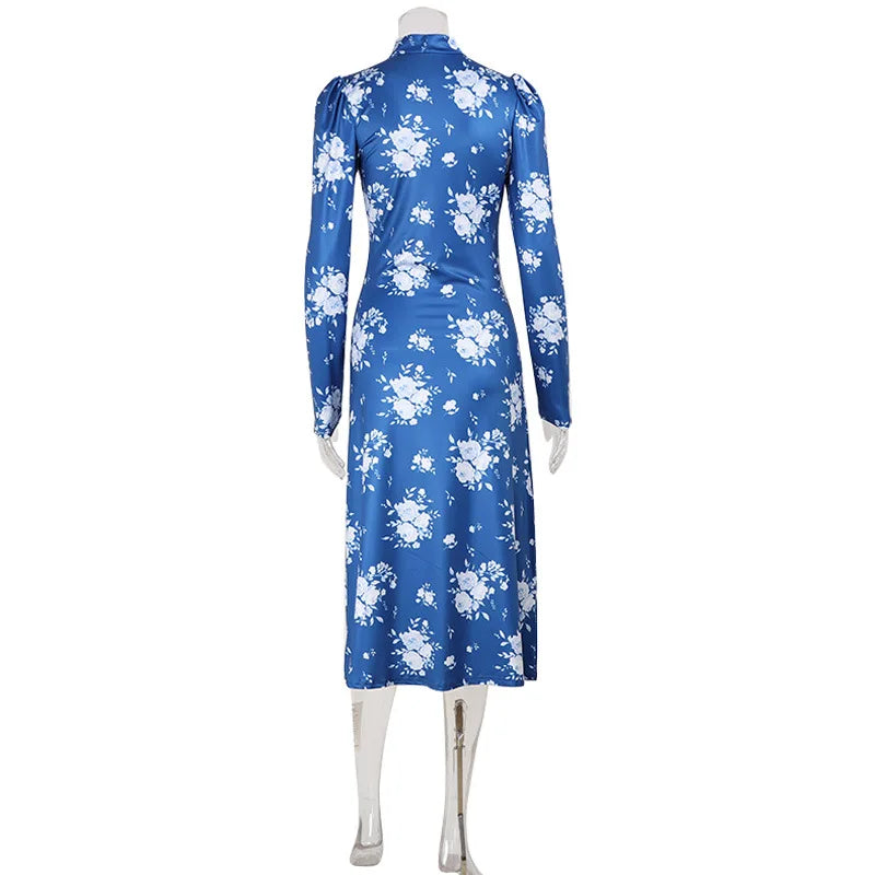 Printed V-Neck Long Sleeve Bodycon Maxi Dress