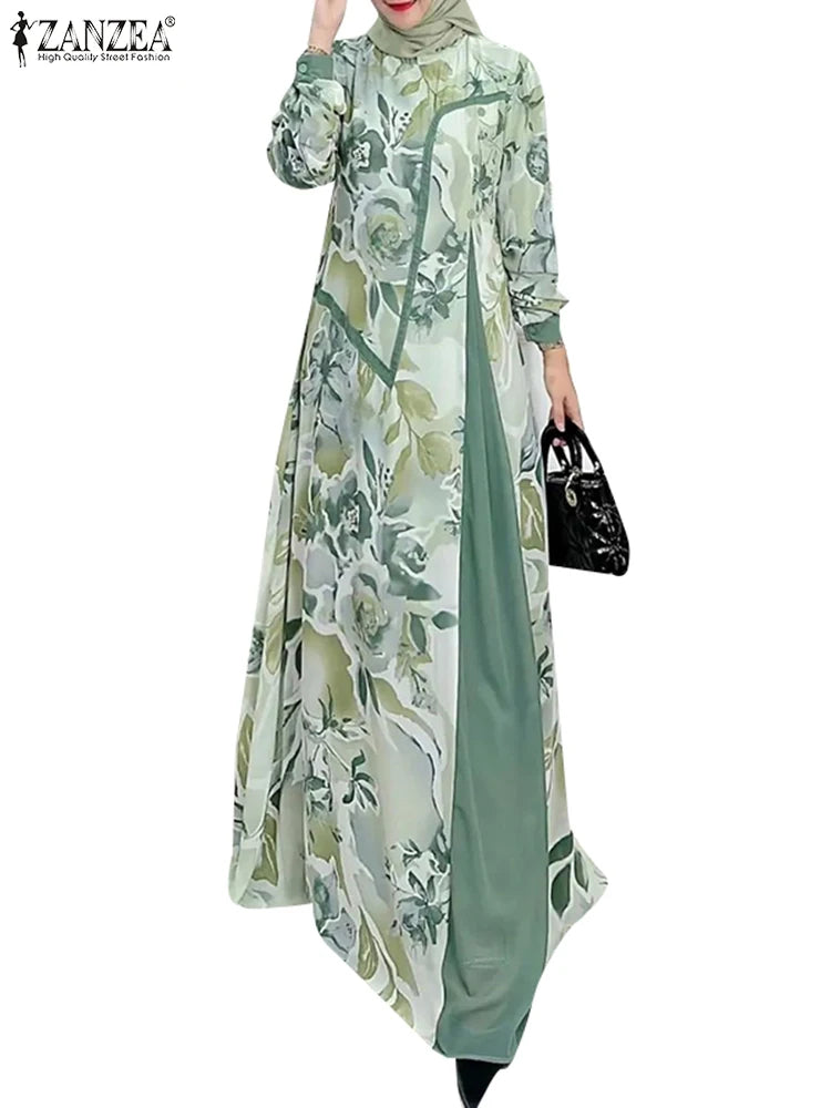 Patchwork Vintage Long Sleeve Printed Abaya Maxi Dress