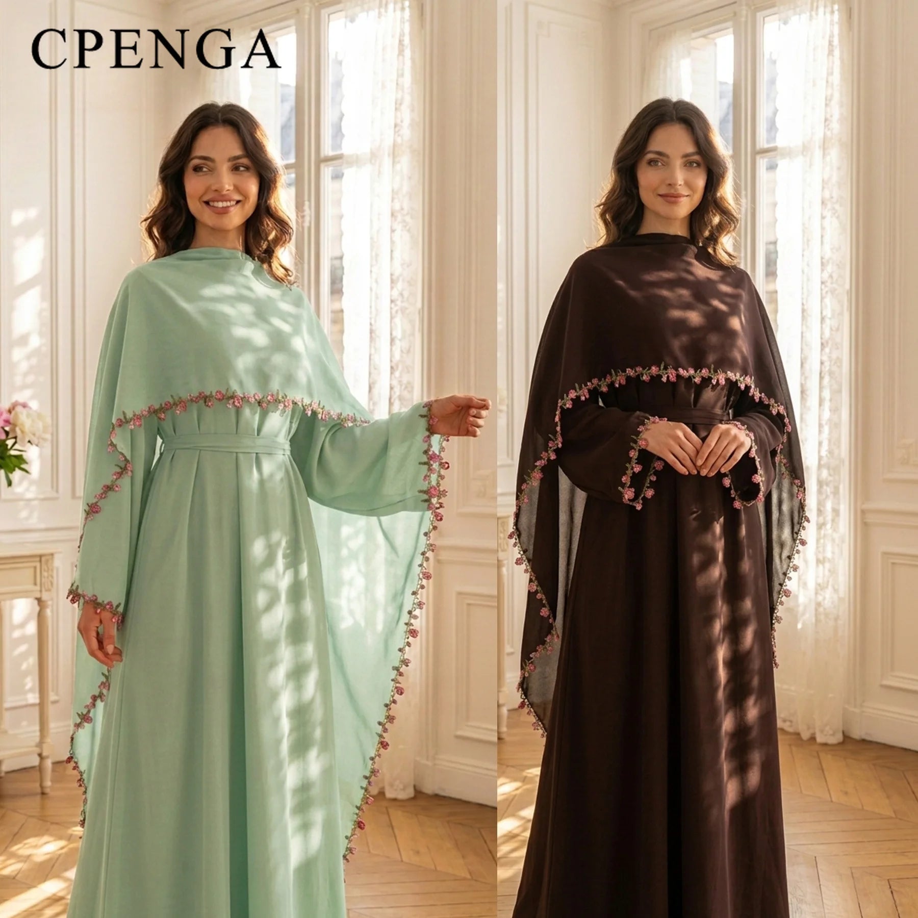 Rose Floral Trim Dubai Abaya with Hijab
