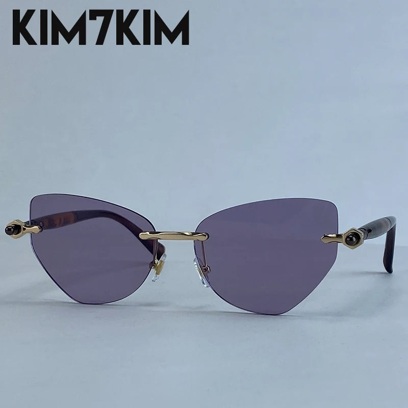 Vintage Rimless Cat Eye Sunglasses Women 2026 Luxury Brand Trendy Punk Polygon Sun Glasses For Lady Retro Outdoor Eyewear Shades