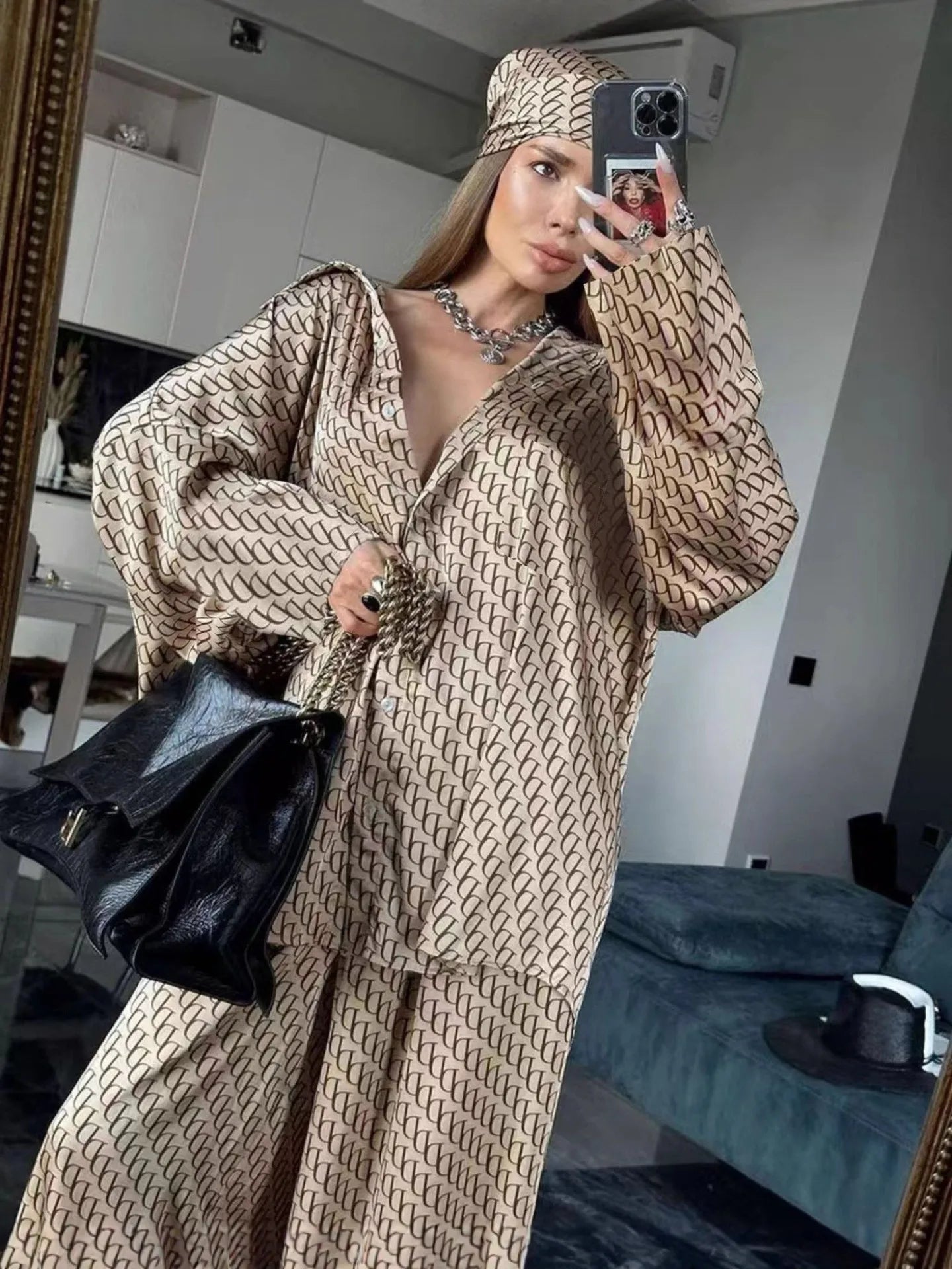 Geometric Print Shirt & Wide Leg Pants Set
