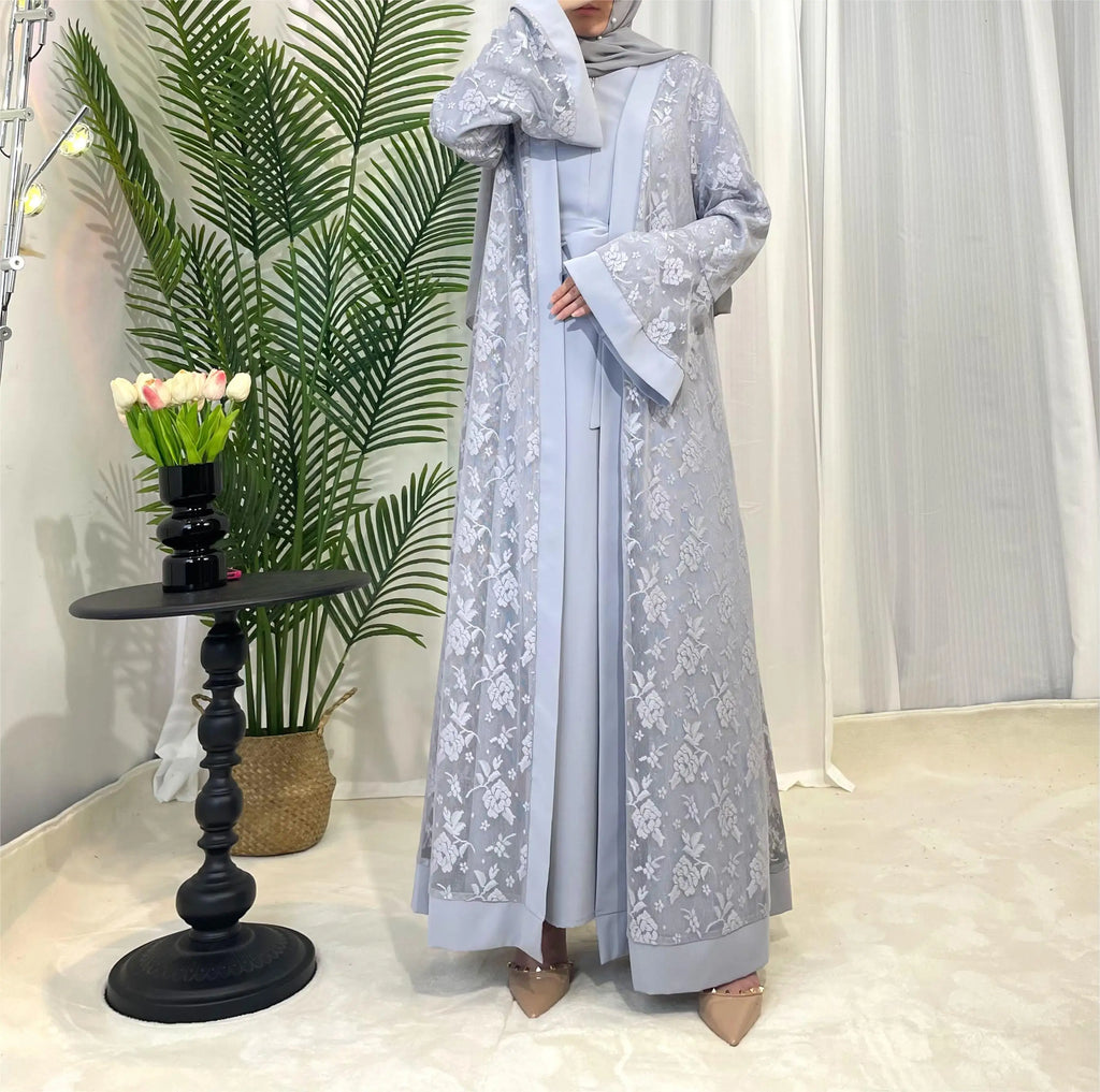 Lace Abaya Two-Piece Inner Dress & Cardigan Set