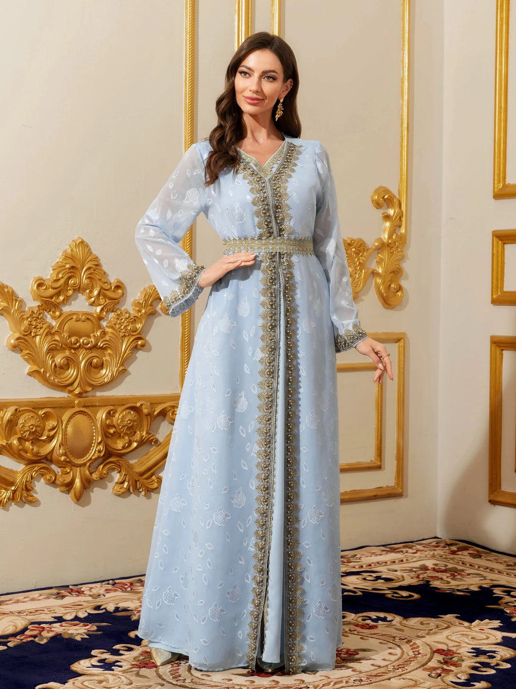 Moroccan Floral Kaftan Abaya with Belt