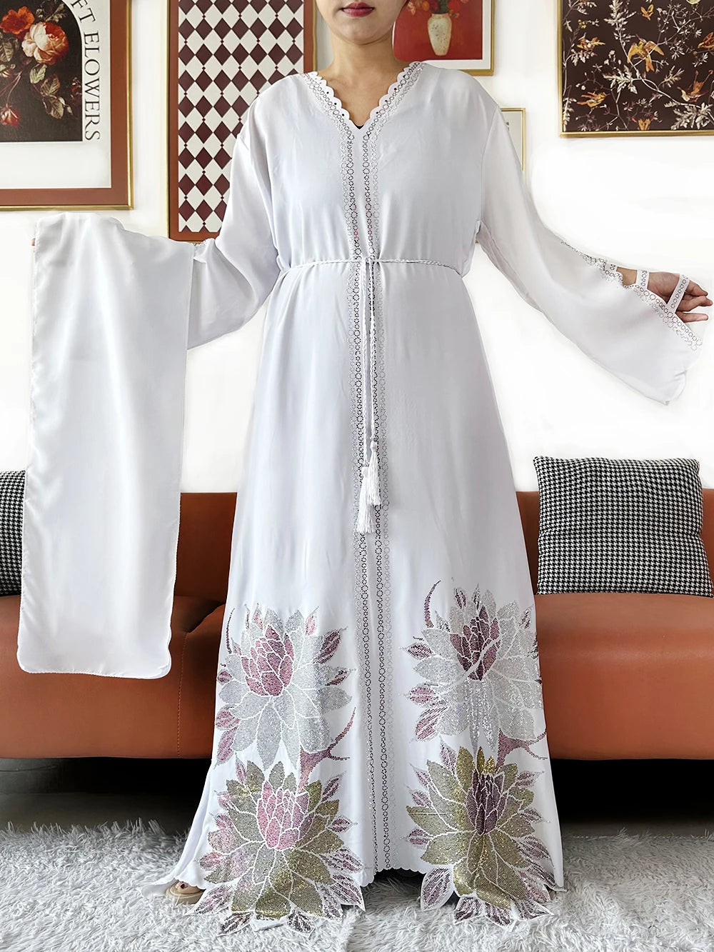 Chiffon Diamond Long Sleeve Abaya Dress