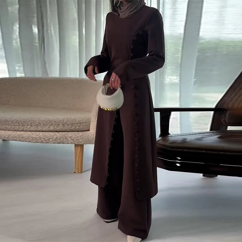 Two Piece Set Women Long Robe Top Wide Leg Pants Suit Ramadan Morocco Dubai Islam Casual Ensemble Femme Muslim Arabic Outfits