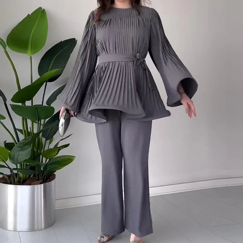 Eid Muslim Suits Women Lace Up Blouse Wide Leg Pants Sets Casual Dubai Two Piece Solid Outfits Islamic Ramadan Morocco Arabic