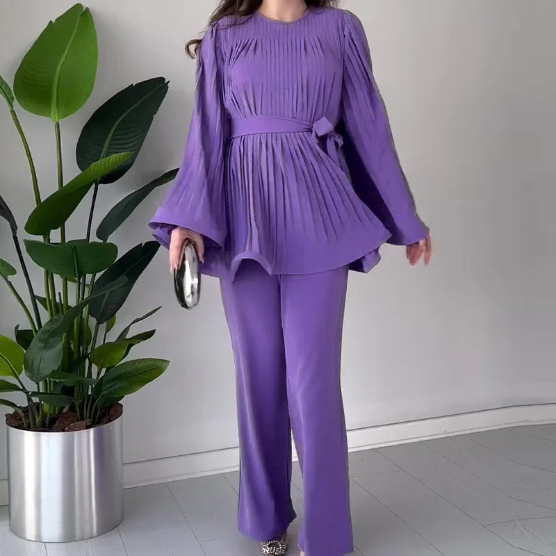 Eid Muslim Suits Women Lace Up Blouse Wide Leg Pants Sets Casual Dubai Two Piece Solid Outfits Islamic Ramadan Morocco Arabic