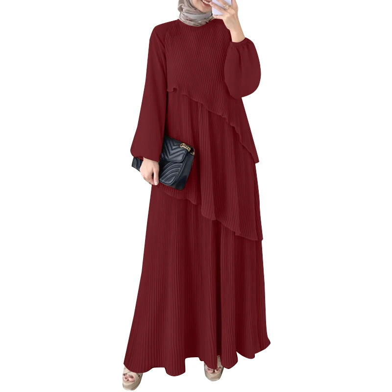 Layered Plissé Lantern Sleeve Abaya Maxi Dress