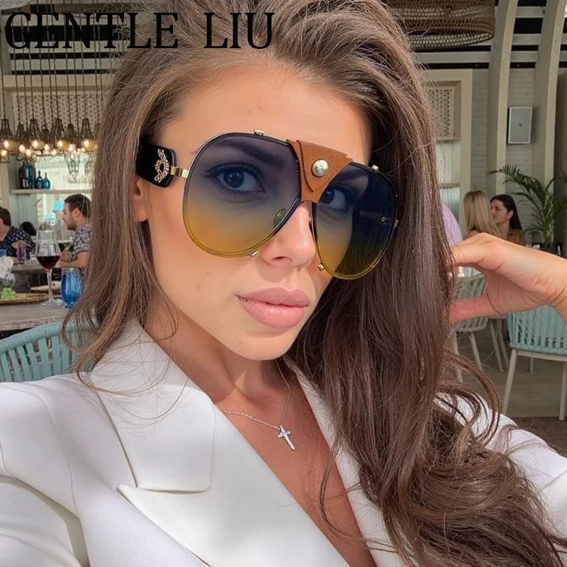 Vintage Oversized Steampunk Pilot Oval Sunglasses 2026 Luxury Brand Shield Sunglass Trendy Goggle Driving Eyewear Shades UV400