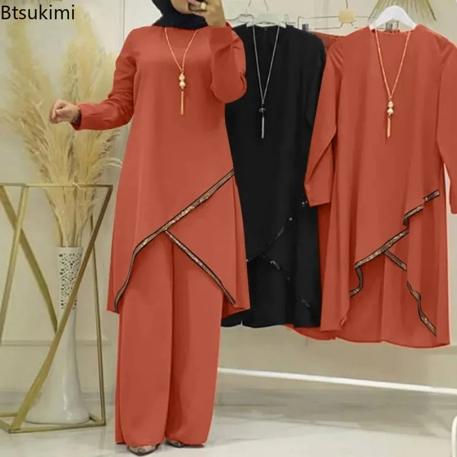 Women Muslim Wide Leg Pants Sets Fashion Sequins Islamic Clothing Loose Matching Sets Tracksuit Long Sleeve Blouse Abaya Suits