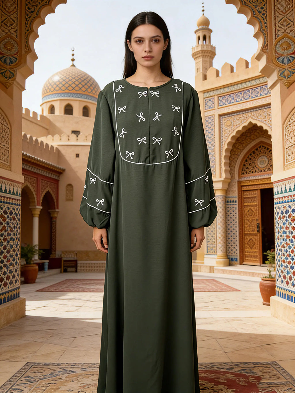 Black Abaya with White Bow Embroidery