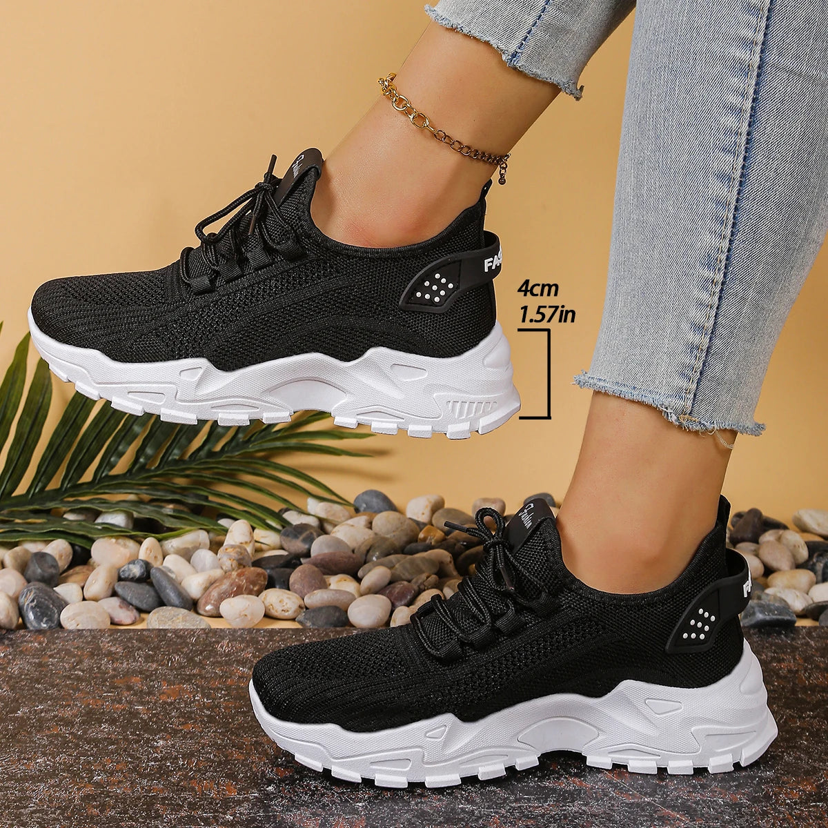 Women's Chunky Dad/Mom Sneakers 4cm Heightening Knit Mesh Breathable Non-Slip Lace Up Casual Athletic Trainers