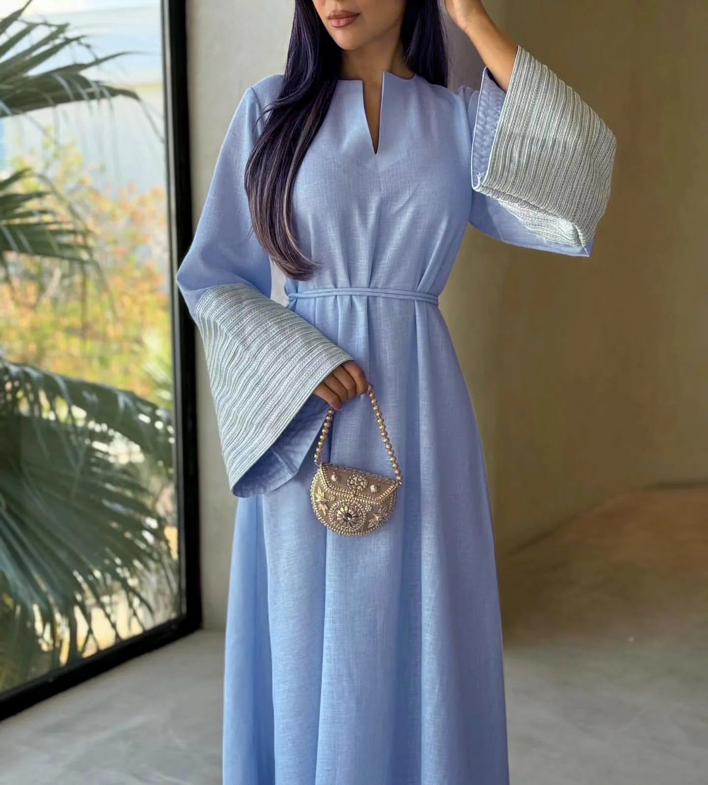 Palestine Embroidery Belted Linen Abaya