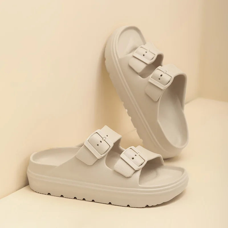 Kidmi New Summer Platform Women's Slippers Outdoor Double Buckle Embellished Sandals Non-slip Breathable Soft-soled Beach Shoes