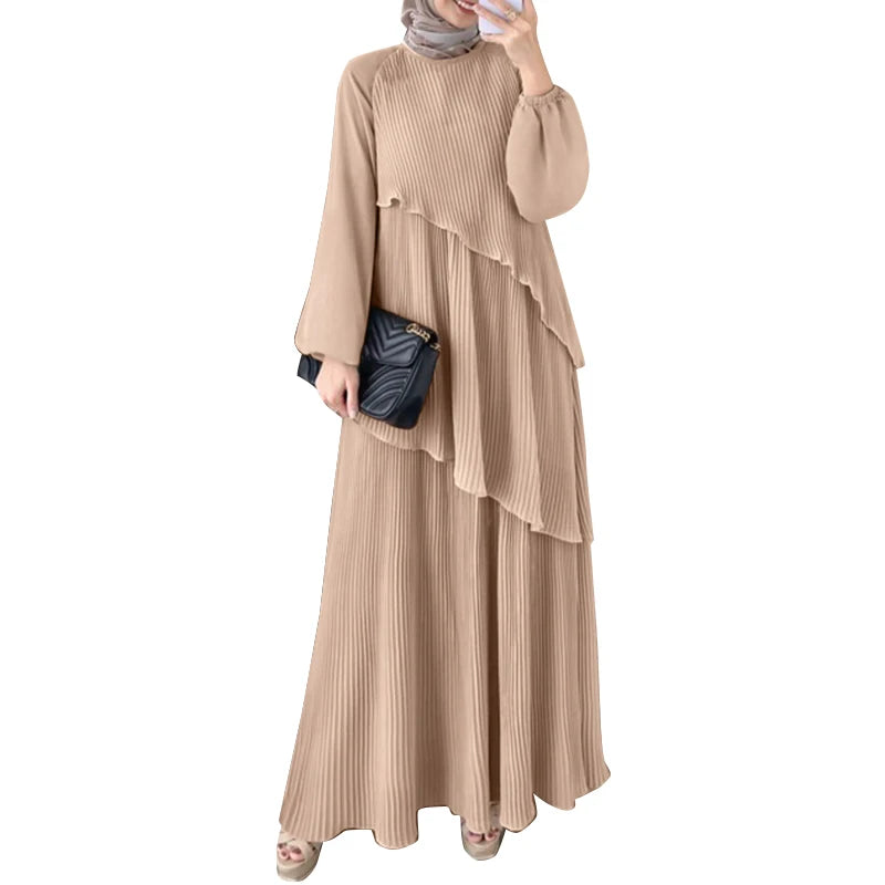 Layered Plissé Lantern Sleeve Abaya Maxi Dress