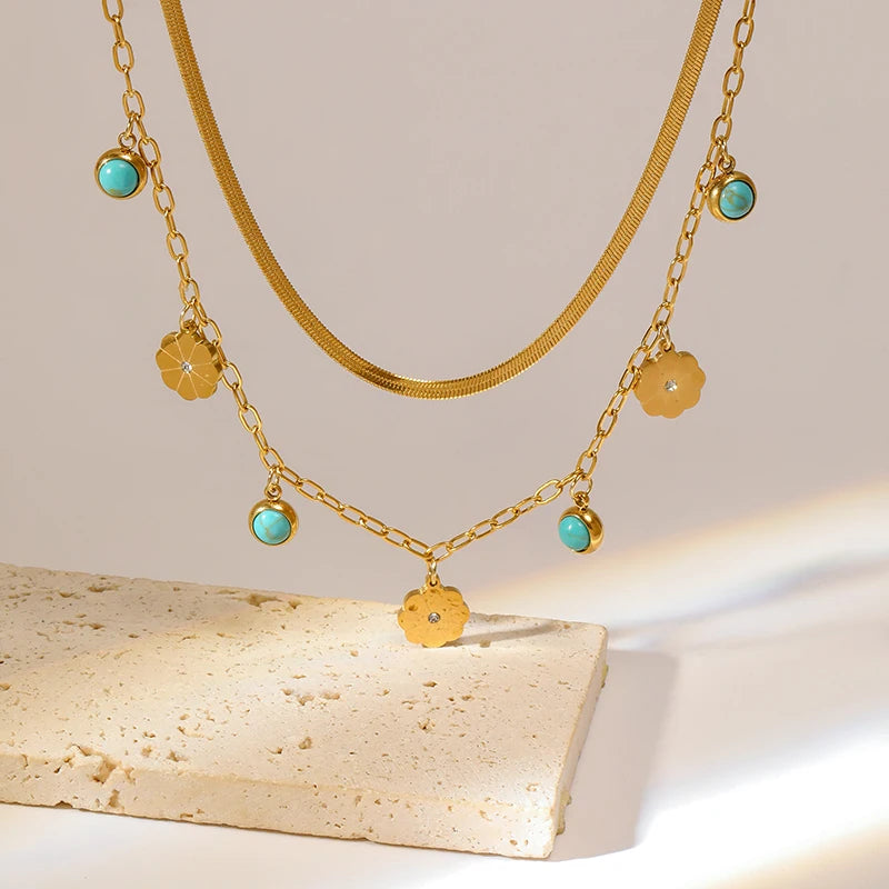 Green Stone Multilayer Pendant Necklace