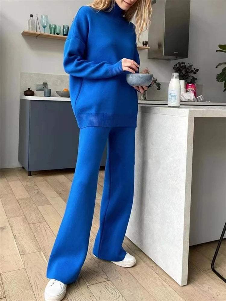 Women's Knit 2-Piece Set – High-Waist Wide-Leg Pants