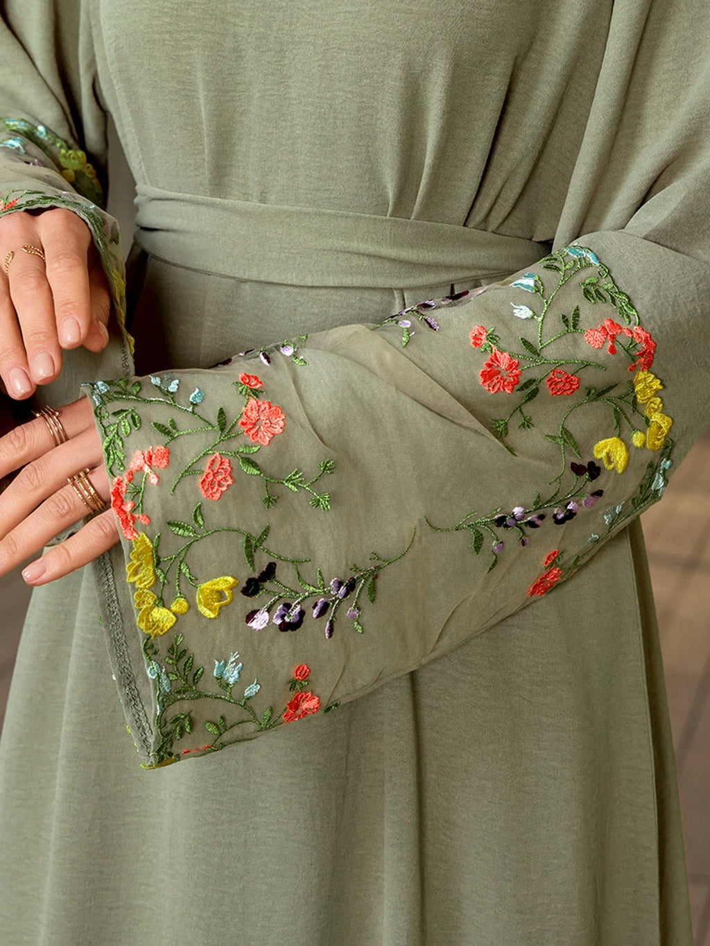 Olive Green Floral Sleeve Embroidered Abaya