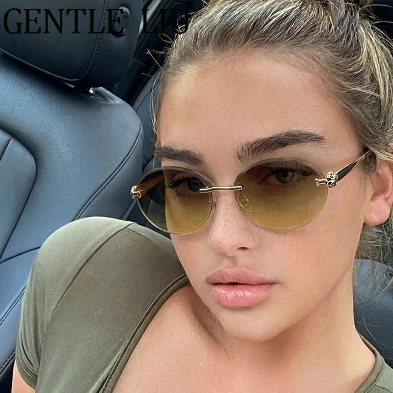 Steampunk Oval Rimless Sunglasses Women 2026 Luxury Brand Vintage Leopard Head Metal Frame Sun Glasses For Lady Driving Eyewear