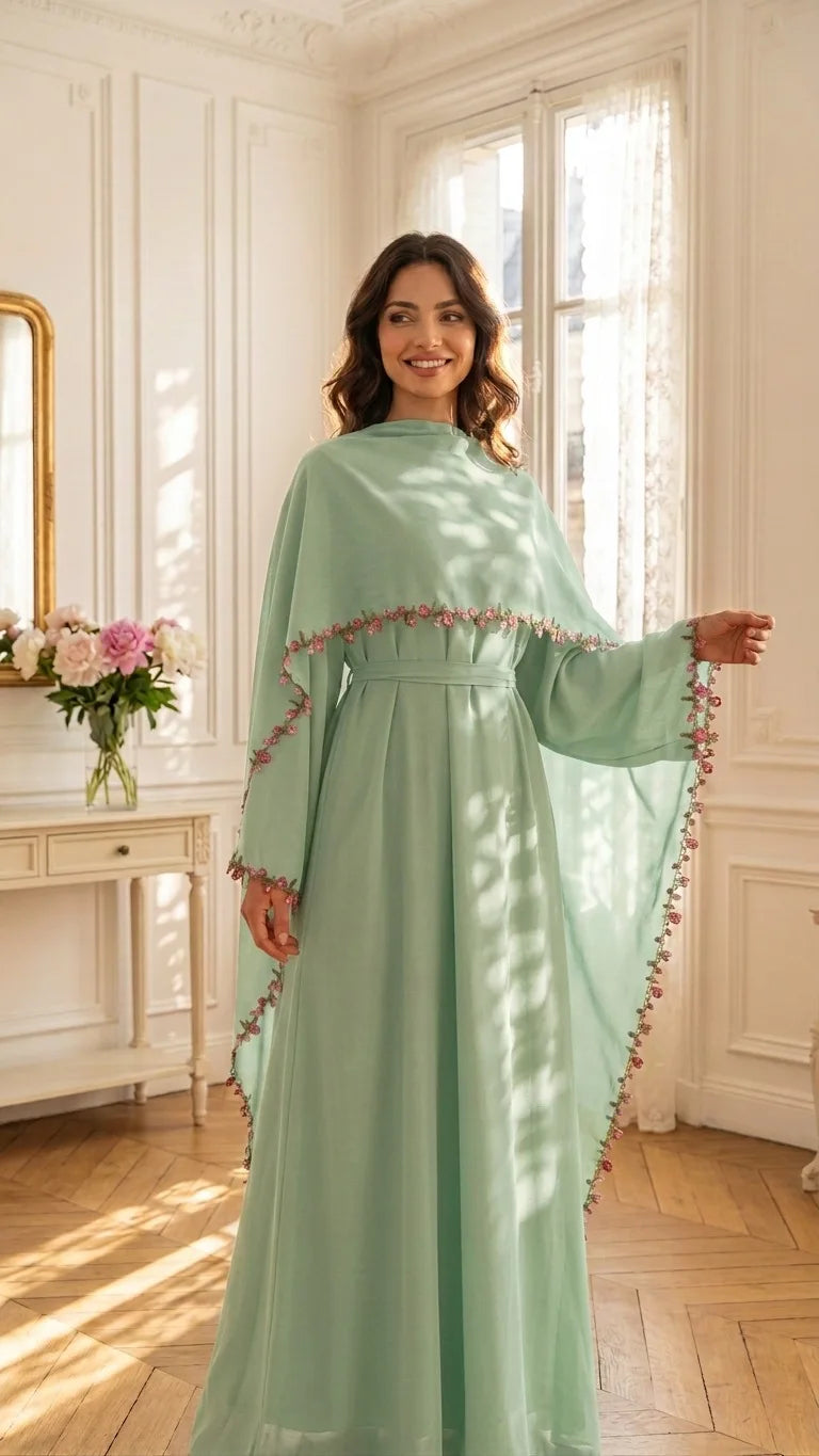 Rose Floral Trim Dubai Abaya with Hijab
