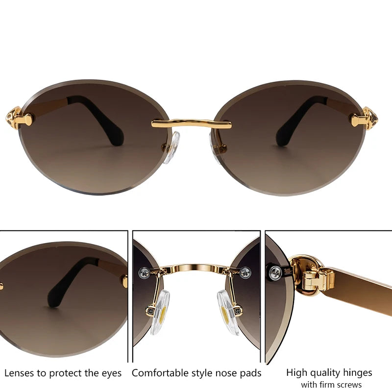 Steampunk Oval Rimless Sunglasses Women 2026 Luxury Brand Vintage Leopard Head Metal Frame Sun Glasses For Lady Driving Eyewear