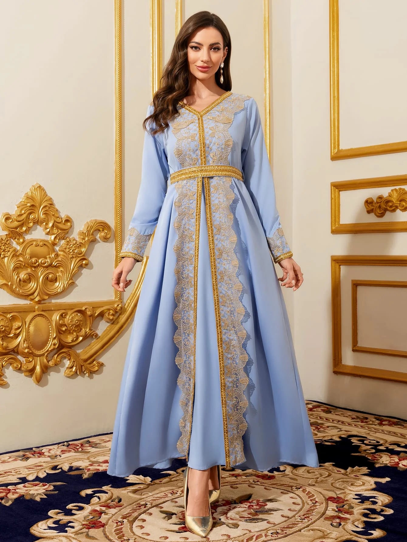 Gold Embroidery V-Neck Muslim Kaftan Maxi Dress