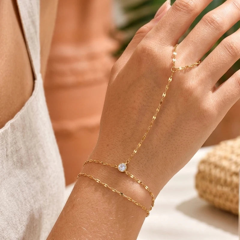 Gold Double Layer Hand Chain Ring Bracelet