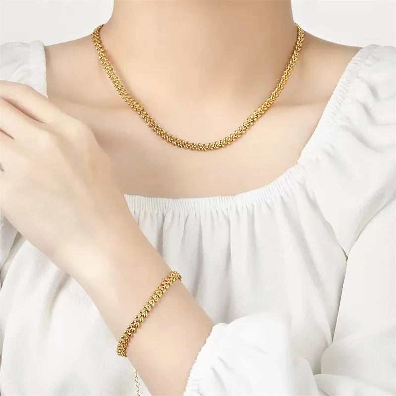 EILIECK 316L Stainless Steel Metal Gold Color Wheat Chain Necklace Bracelets Set For Women Trendy Waterproof Jewelry Lady Gift