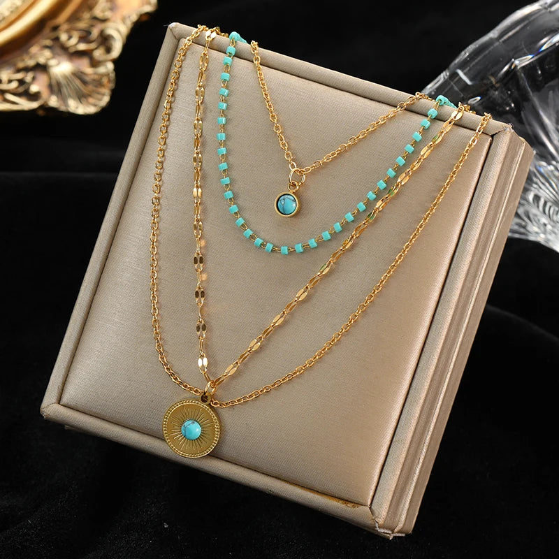 Green Stone Multilayer Pendant Necklace