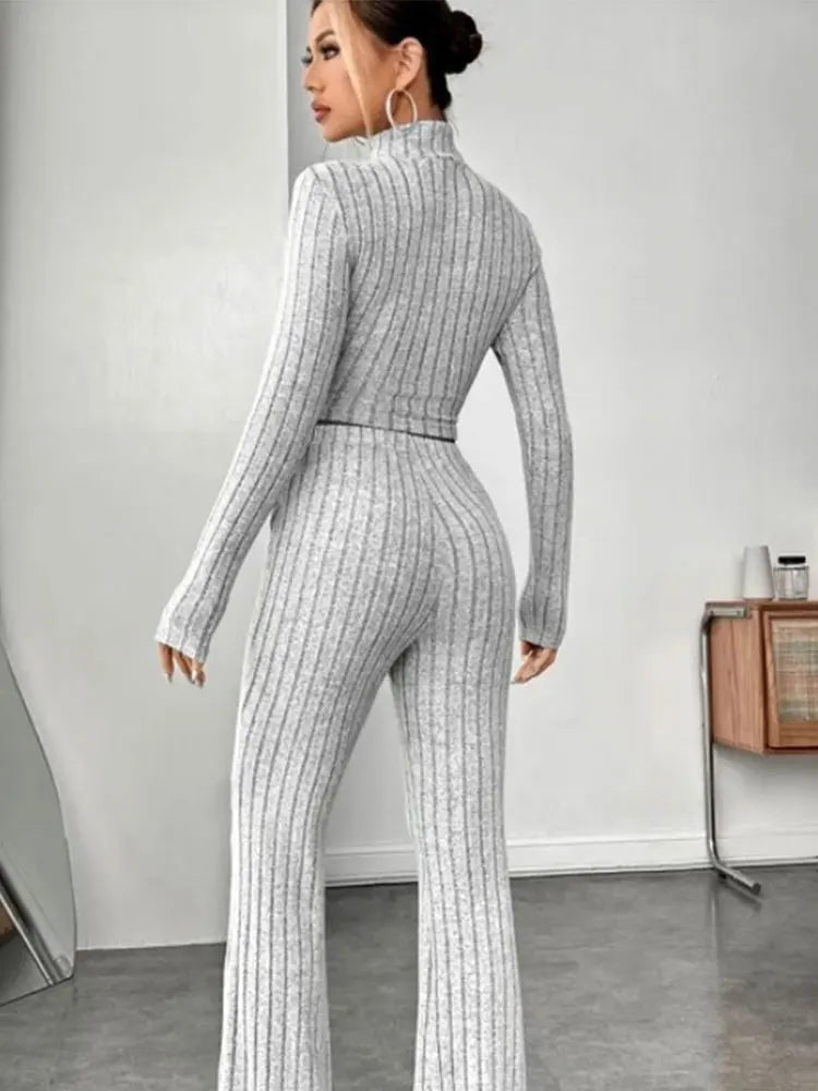 Stand Collar Crop Top & Flared Pants Set