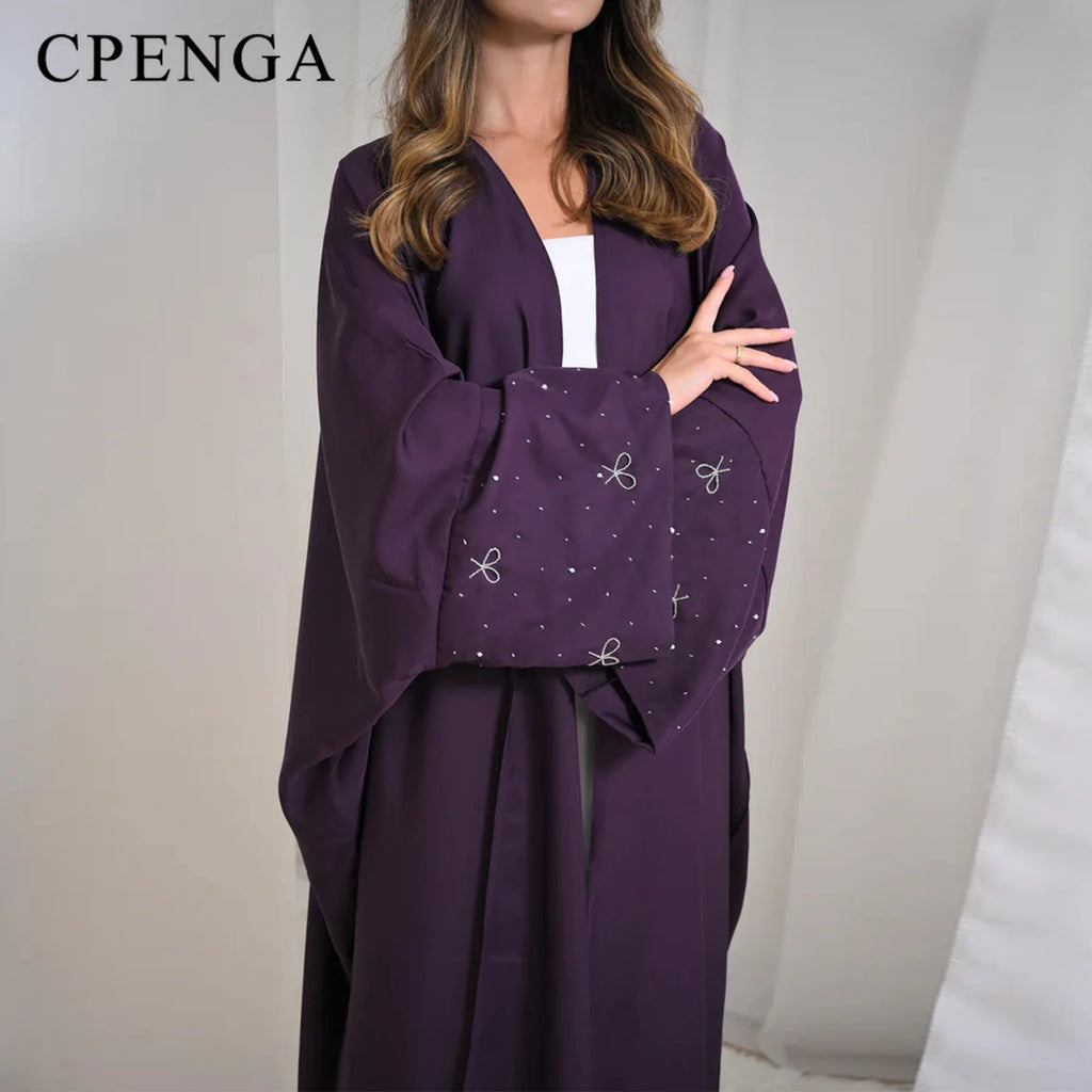 Beaded Bow Open-Front Cardigan Abaya