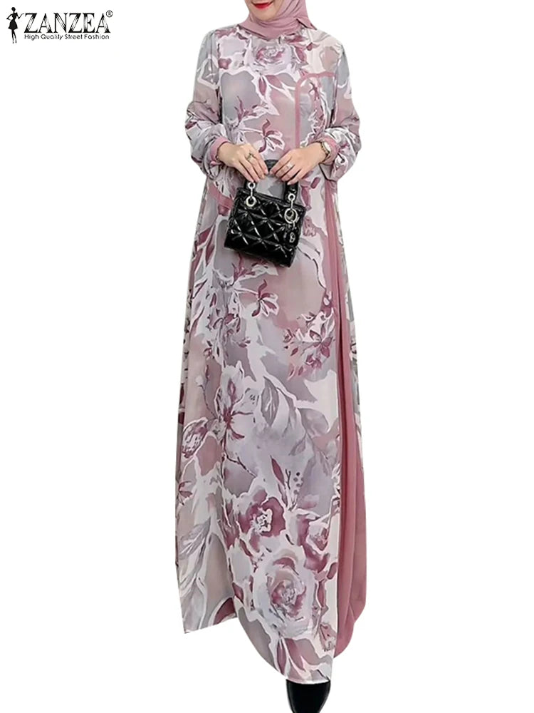 Patchwork Vintage Long Sleeve Printed Abaya Maxi Dress