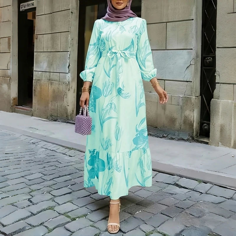Floral Print Round Neck Ruffle Hem Modest Maxi Dress