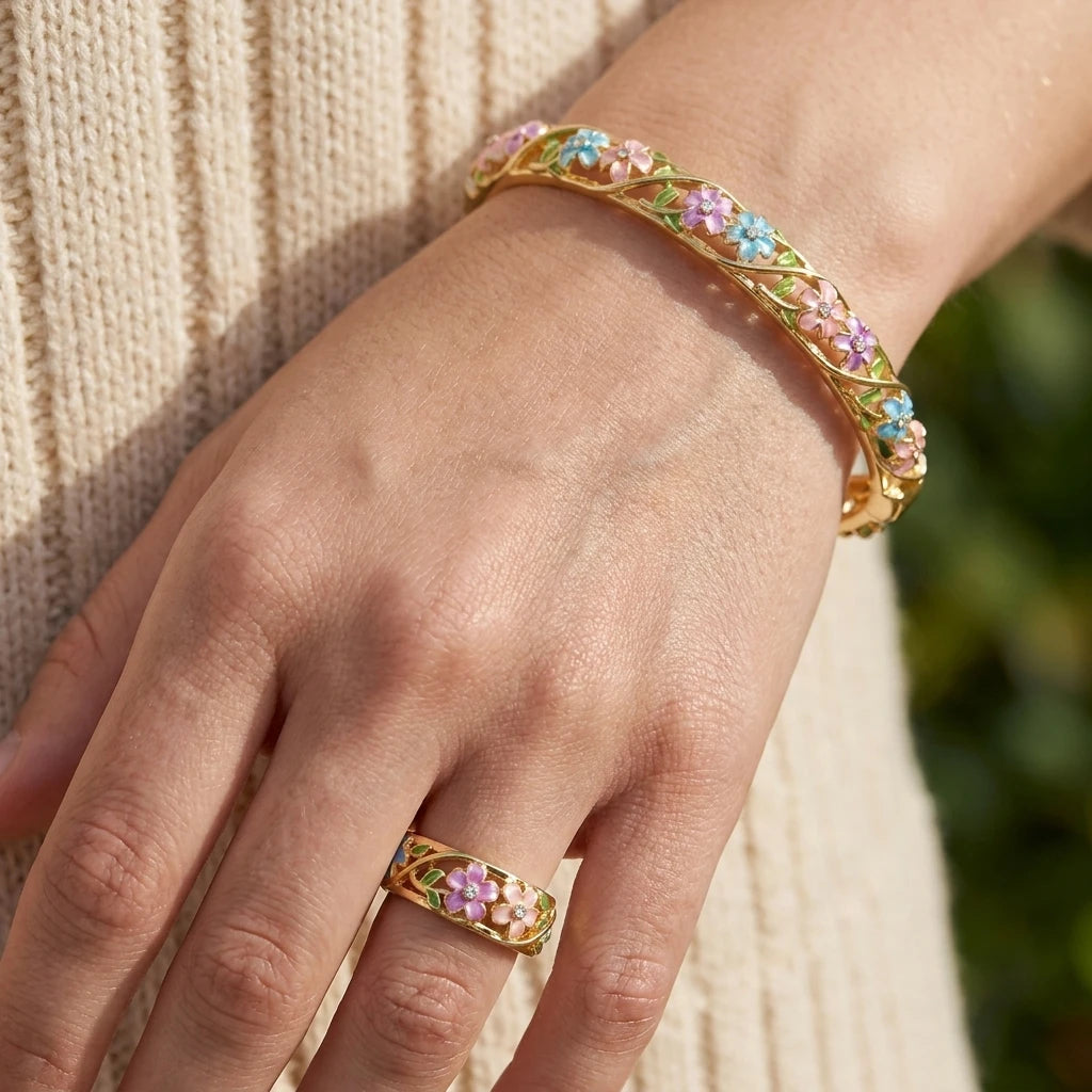Enamel Flower Copper Bangle Bracelet
