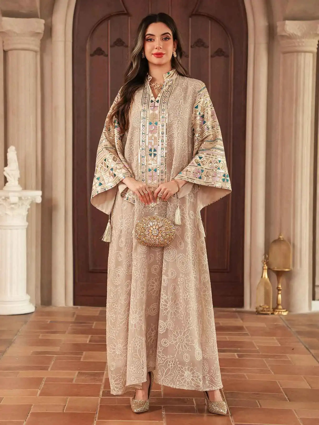 Multicolour Embroidered Sequin Beige Abaya