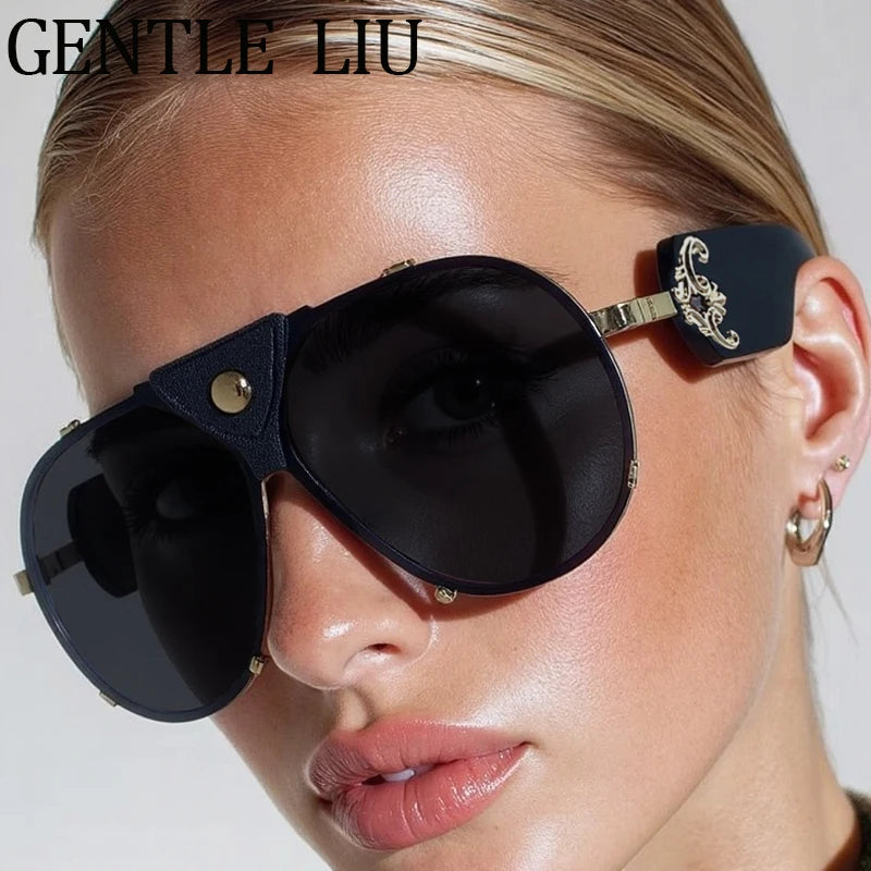 Vintage Oversized Steampunk Pilot Oval Sunglasses 2026 Luxury Brand Shield Sunglass Trendy Goggle Driving Eyewear Shades UV400