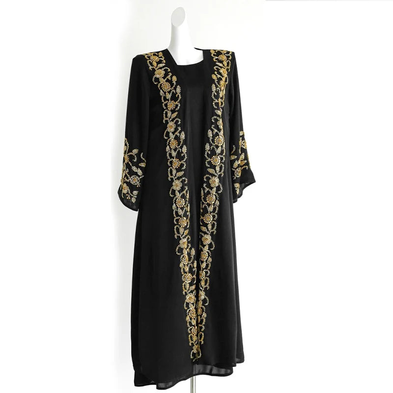 French Gold-Embellished Beaded Open Abaya