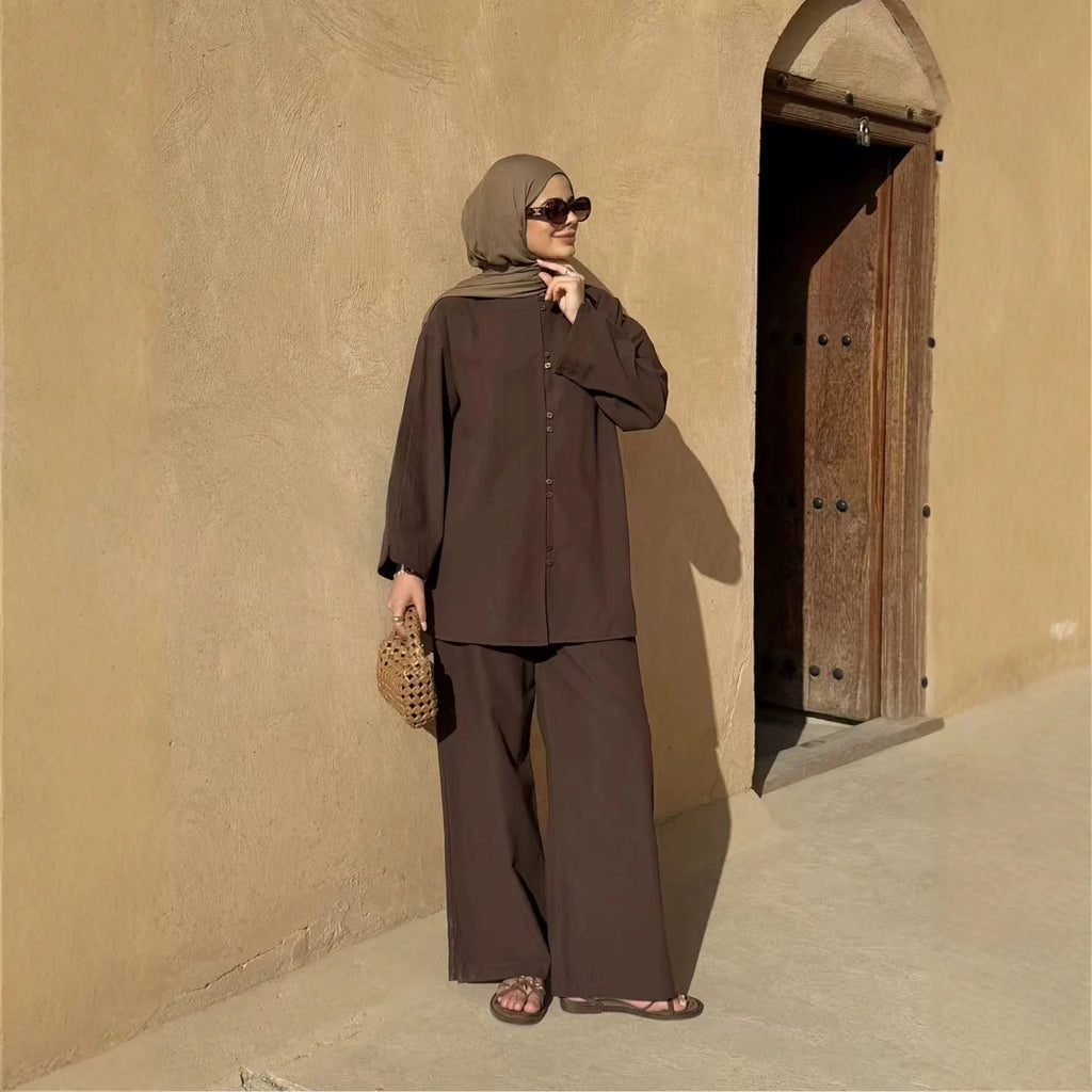 New Elegant Women Buttons Tops and Pants Muslim Set Dubai Abaya Kaftan Islam Clothing Modest Tracksuit Femme Musulmane Ensembles