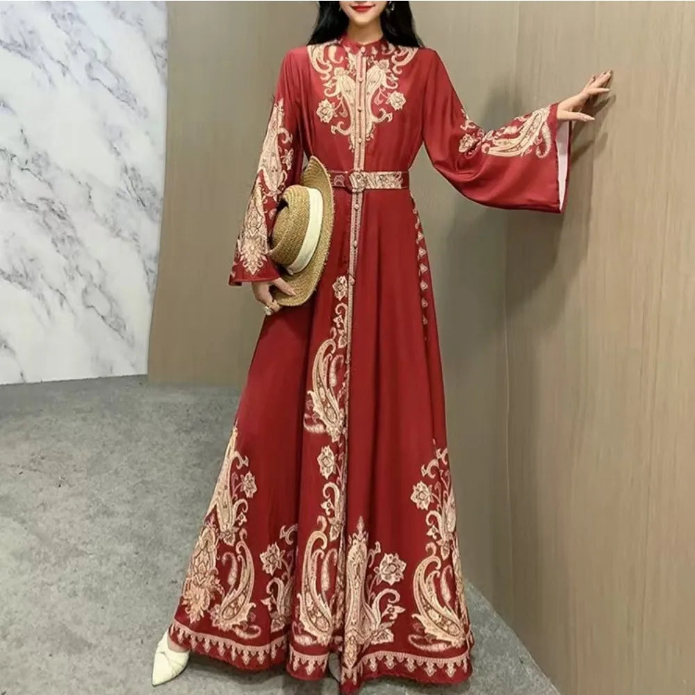 Printed Flare Sleeve Belted Eid Abaya