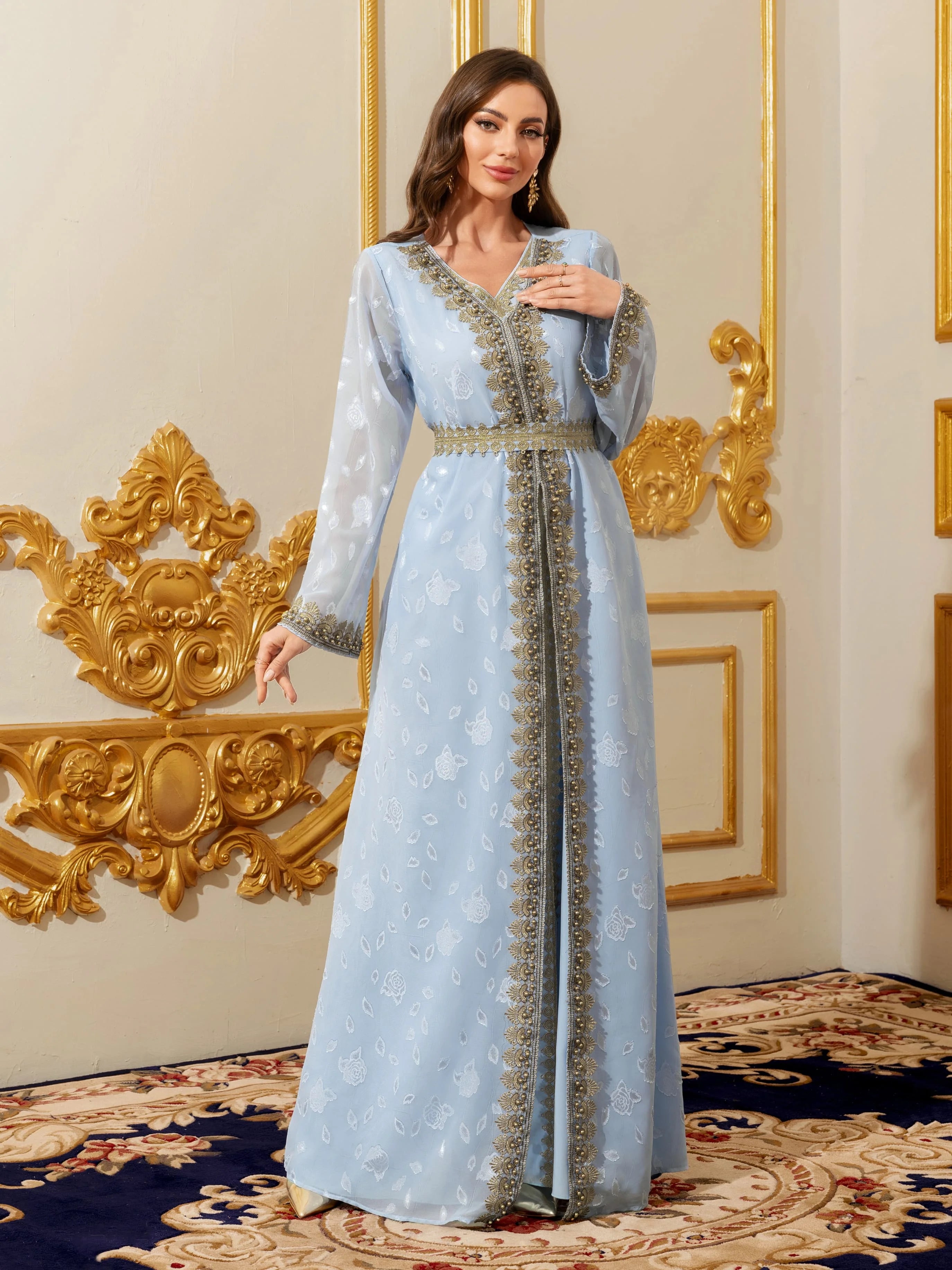 Moroccan Floral Kaftan Abaya with Belt