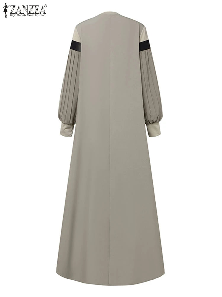 Lantern Sleeve Patchwork Pleated Abaya Maxi Dress