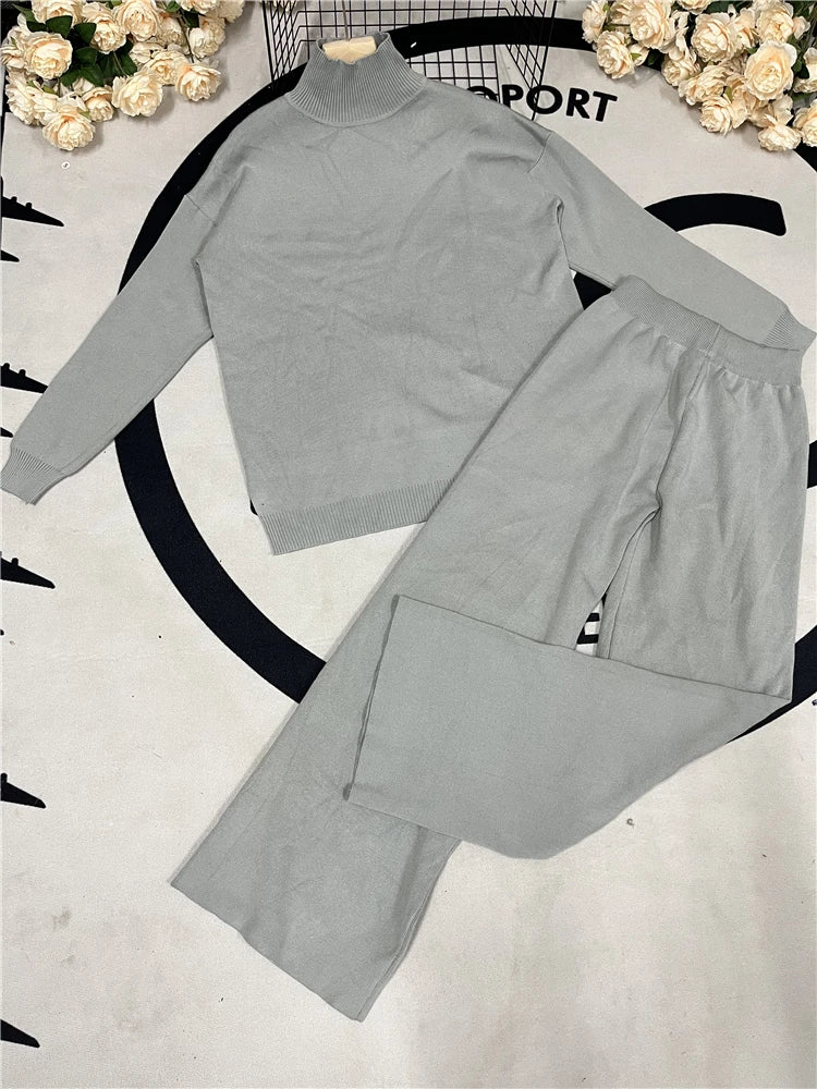 Women's Knit 2-Piece Set – High-Waist Wide-Leg Pants