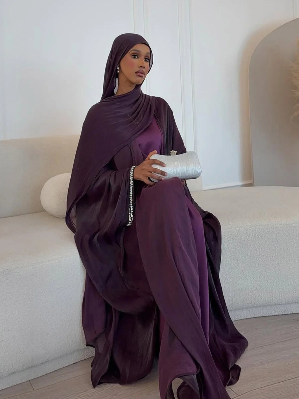 Beading Sleeve Cardigan Abaya with Scarf