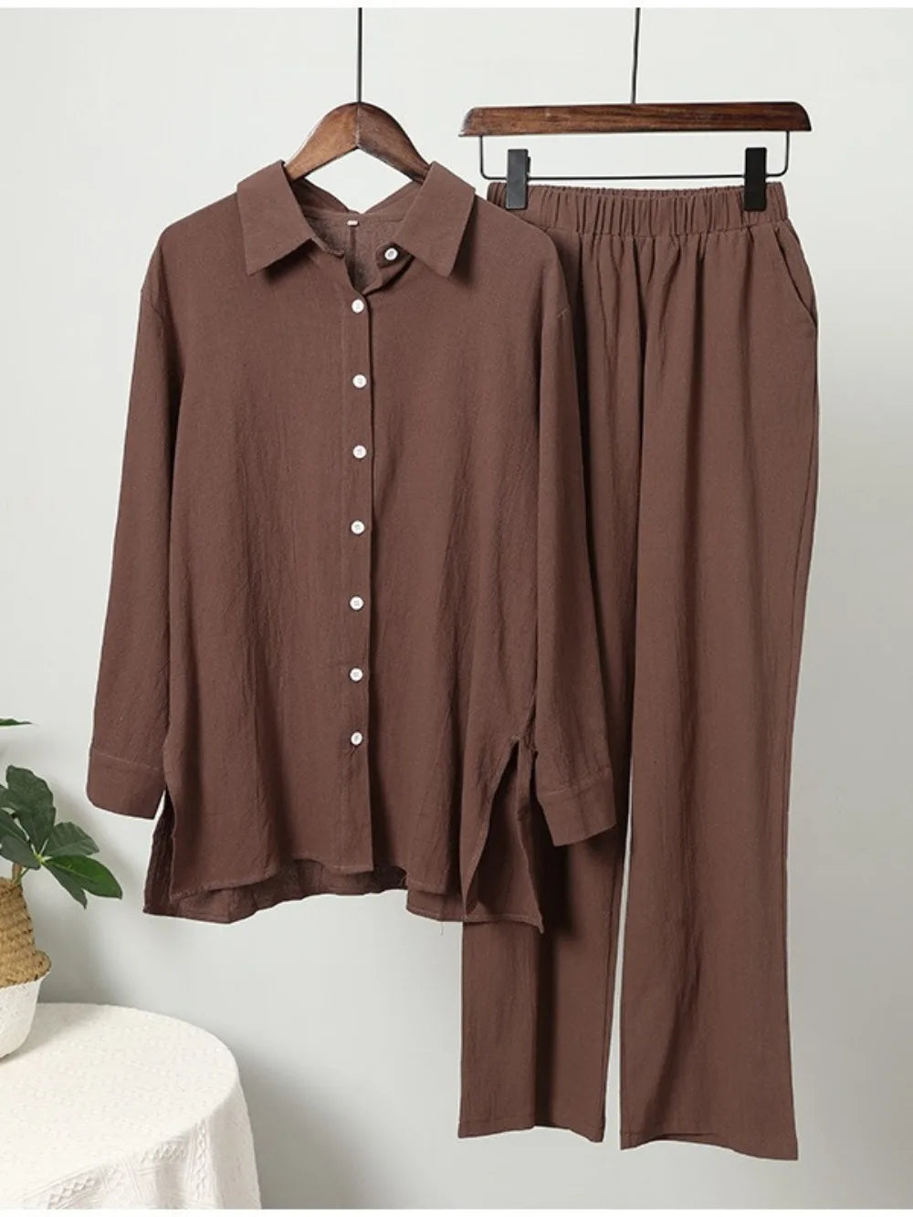 Women Muslim Set Wide Leg Pants Set Two Piece Set Cotton Linen Buttons Shirt Suit Ramadan Eid Dubai Ensemble Arabic Outfits