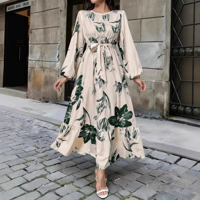 Floral Print Round Neck Ruffle Hem Modest Maxi Dress