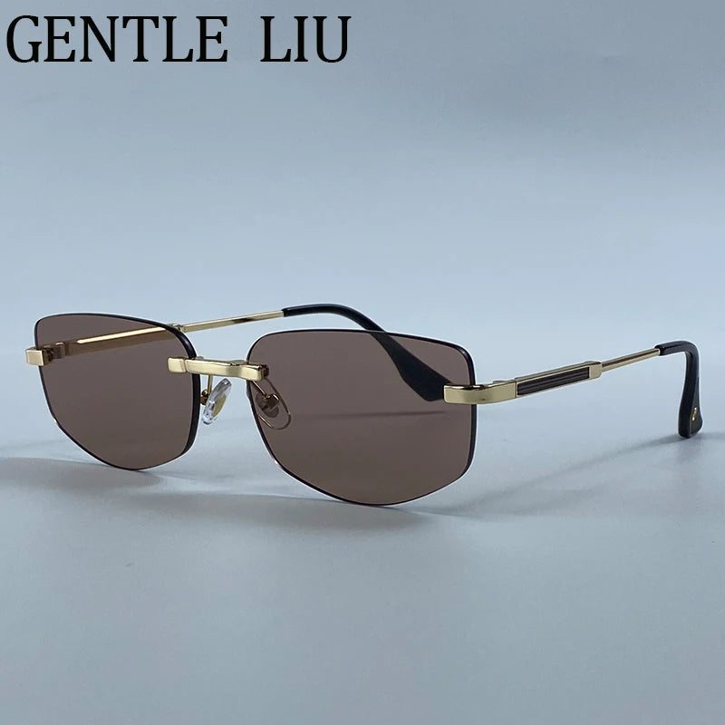Steampunk Rimless Polygon Sunglasses Women 2026 Luxury Brand Classic Geometric Sun Glasses Metal Driving Fashion Eyewear Shades